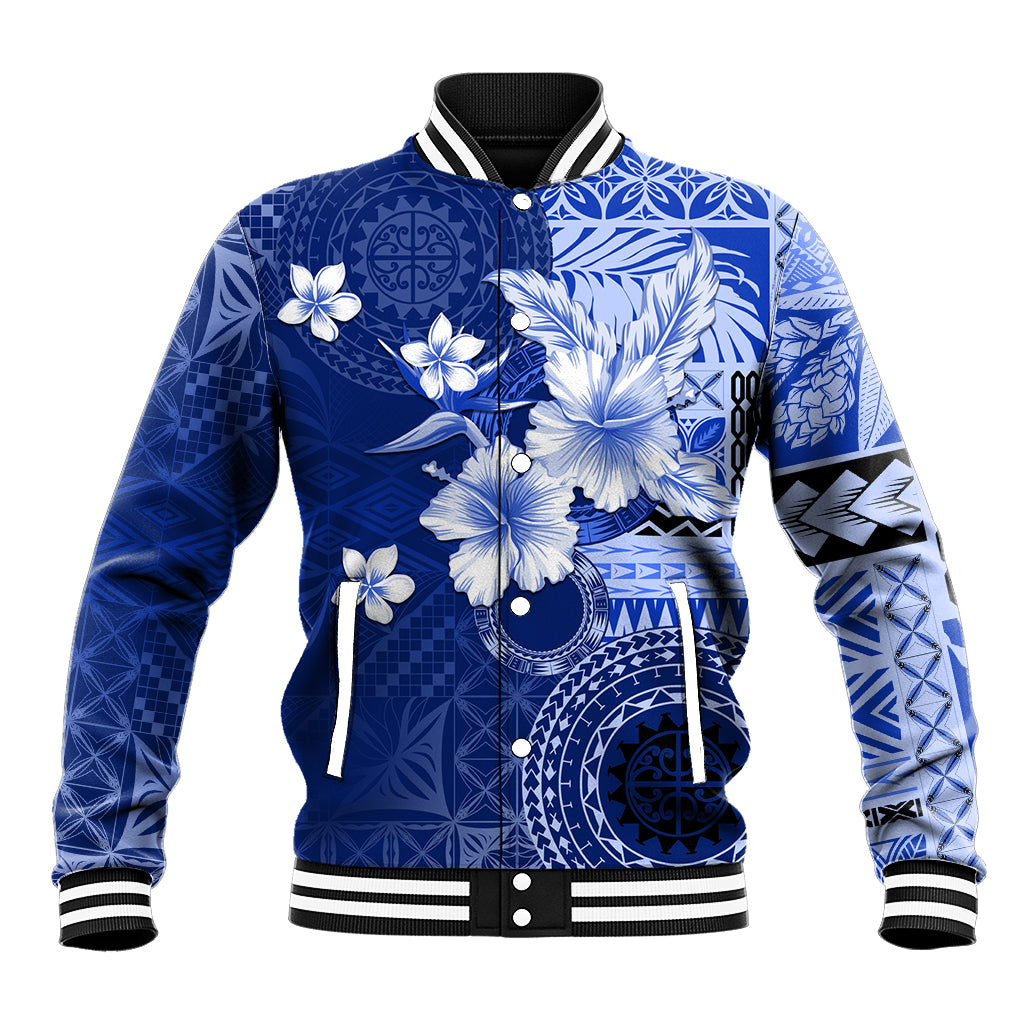 Samoa Siapo Pattern With Navy Hibiscus Baseball Jacket LT05 Unisex Navy - Polynesian Pride