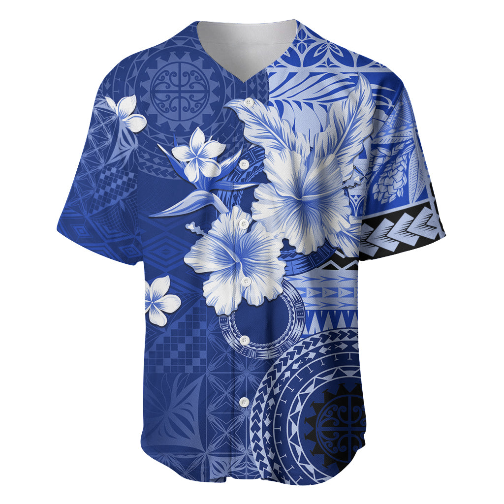 Samoa Siapo Pattern With Navy Hibiscus Baseball Jersey LT05 Navy - Polynesian Pride