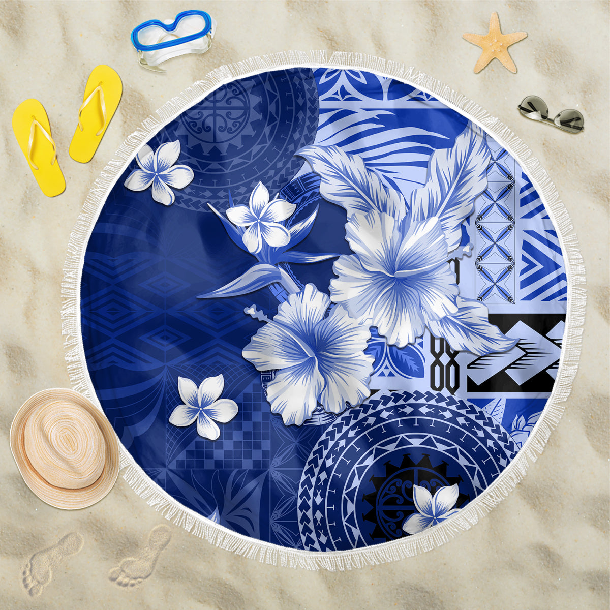 Samoa Siapo Pattern With Navy Hibiscus Beach Blanket