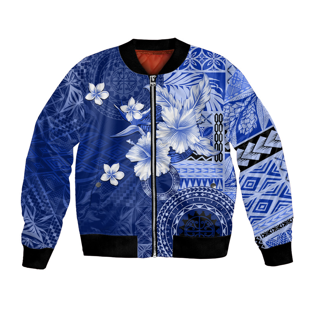 Samoa Siapo Pattern With Navy Hibiscus Bomber Jacket LT05 Unisex Navy - Polynesian Pride