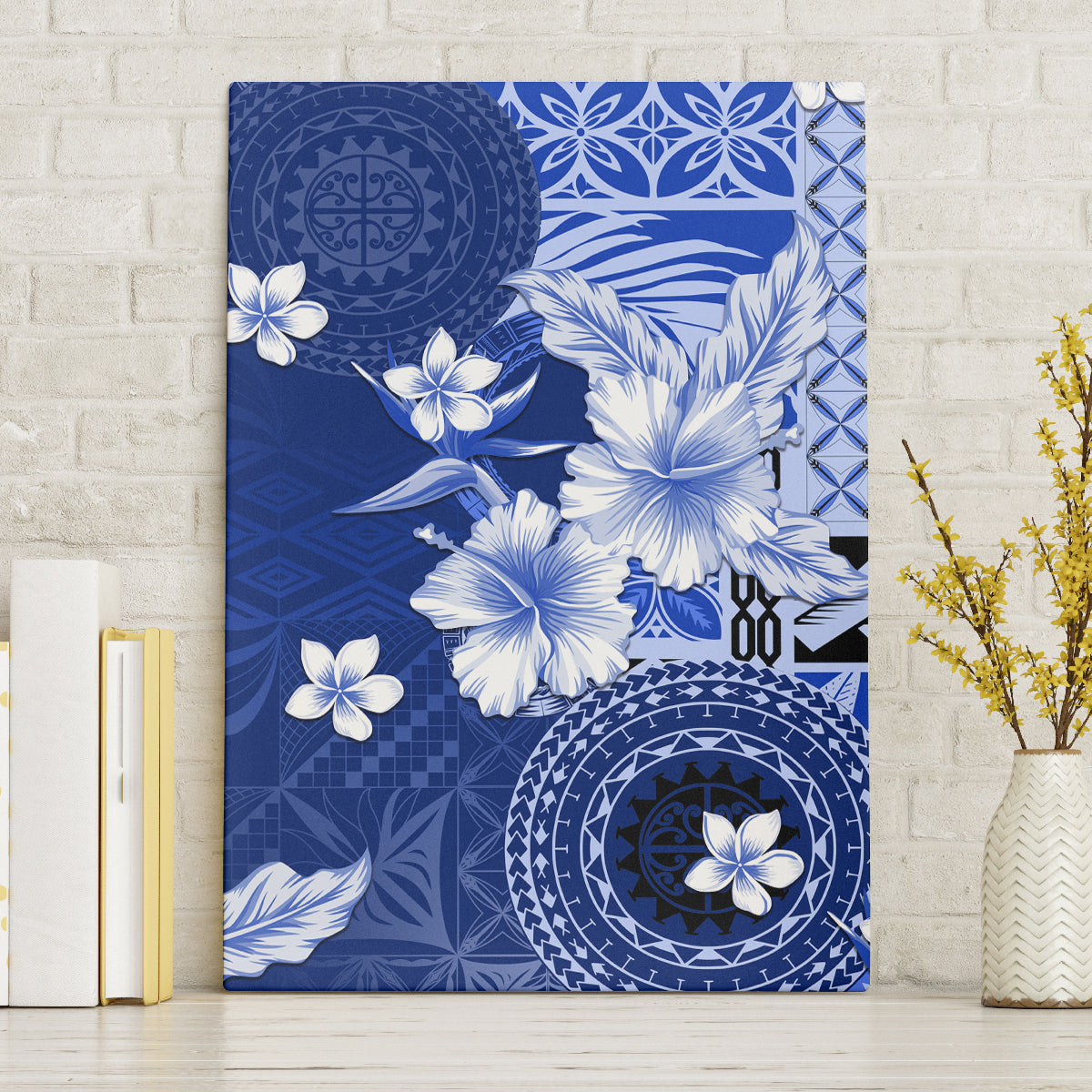 Samoa Siapo Pattern With Navy Hibiscus Canvas Wall Art