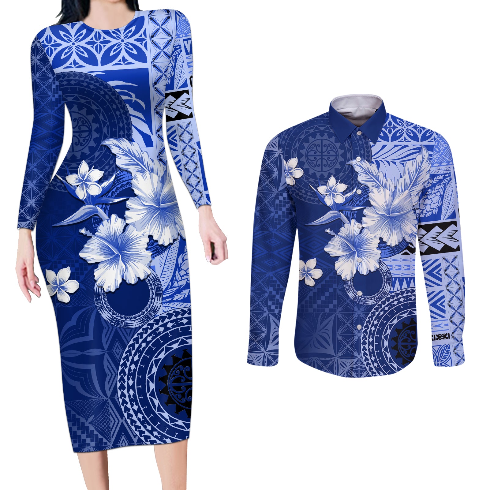 Samoa Siapo Pattern With Navy Hibiscus Couples Matching Long Sleeve Bodycon Dress and Long Sleeve Button Shirt LT05 Navy - Polynesian Pride