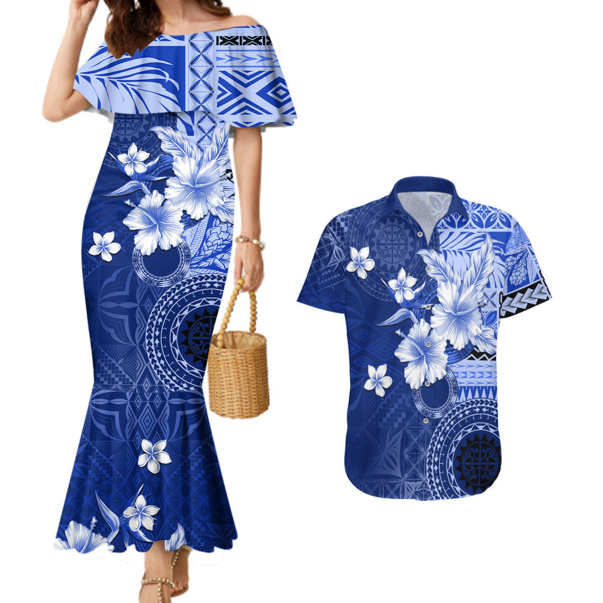 Samoa Siapo Pattern With Navy Hibiscus Couples Matching Mermaid Dress and Hawaiian Shirt LT05 Navy - Polynesian Pride