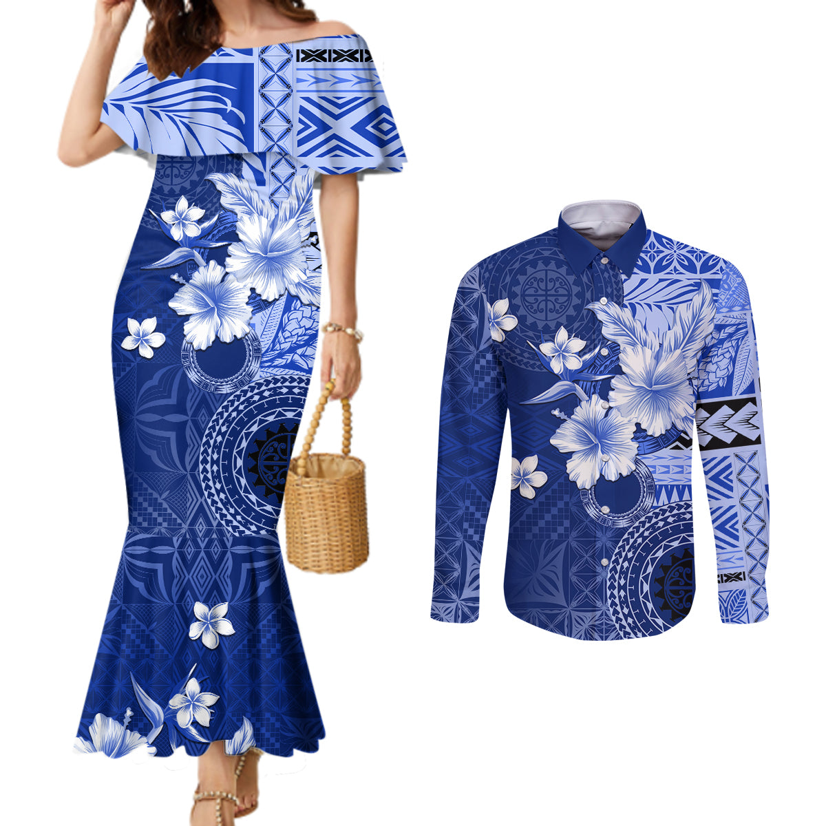 Samoa Siapo Pattern With Navy Hibiscus Couples Matching Mermaid Dress and Long Sleeve Button Shirt LT05 Navy - Polynesian Pride