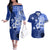 Samoa Siapo Pattern With Navy Hibiscus Couples Matching Off The Shoulder Long Sleeve Dress and Hawaiian Shirt LT05 Navy - Polynesian Pride