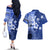 Samoa Siapo Pattern With Navy Hibiscus Couples Matching Off The Shoulder Long Sleeve Dress and Hawaiian Shirt LT05 - Polynesian Pride