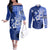 Samoa Siapo Pattern With Navy Hibiscus Couples Matching Off The Shoulder Long Sleeve Dress and Long Sleeve Button Shirt LT05 Navy - Polynesian Pride