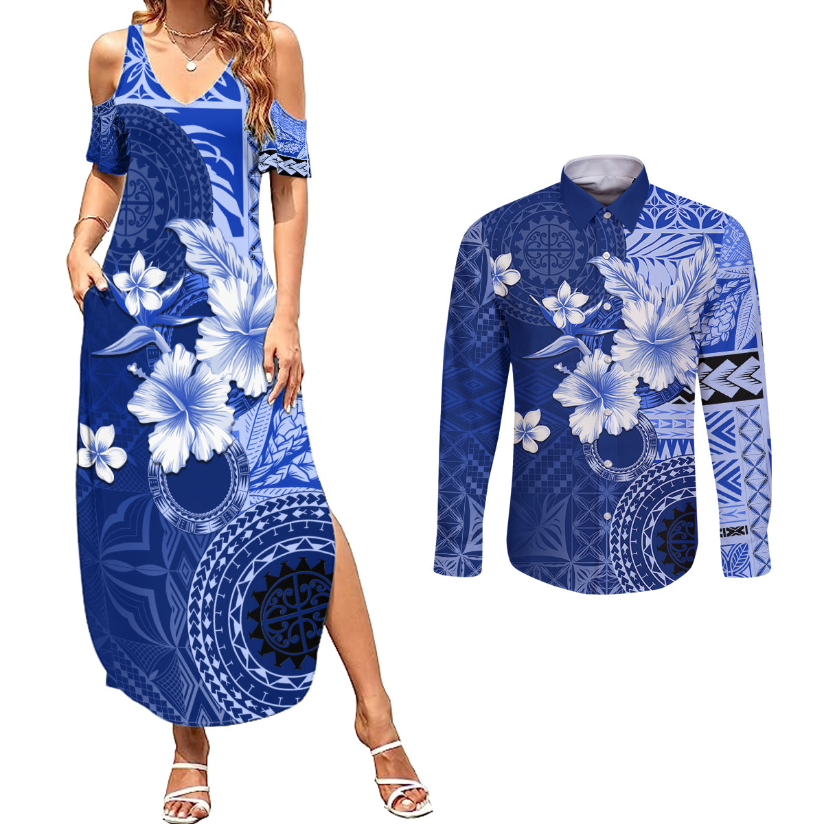 Samoa Siapo Pattern With Navy Hibiscus Couples Matching Summer Maxi Dress and Long Sleeve Button Shirt LT05 Navy - Polynesian Pride