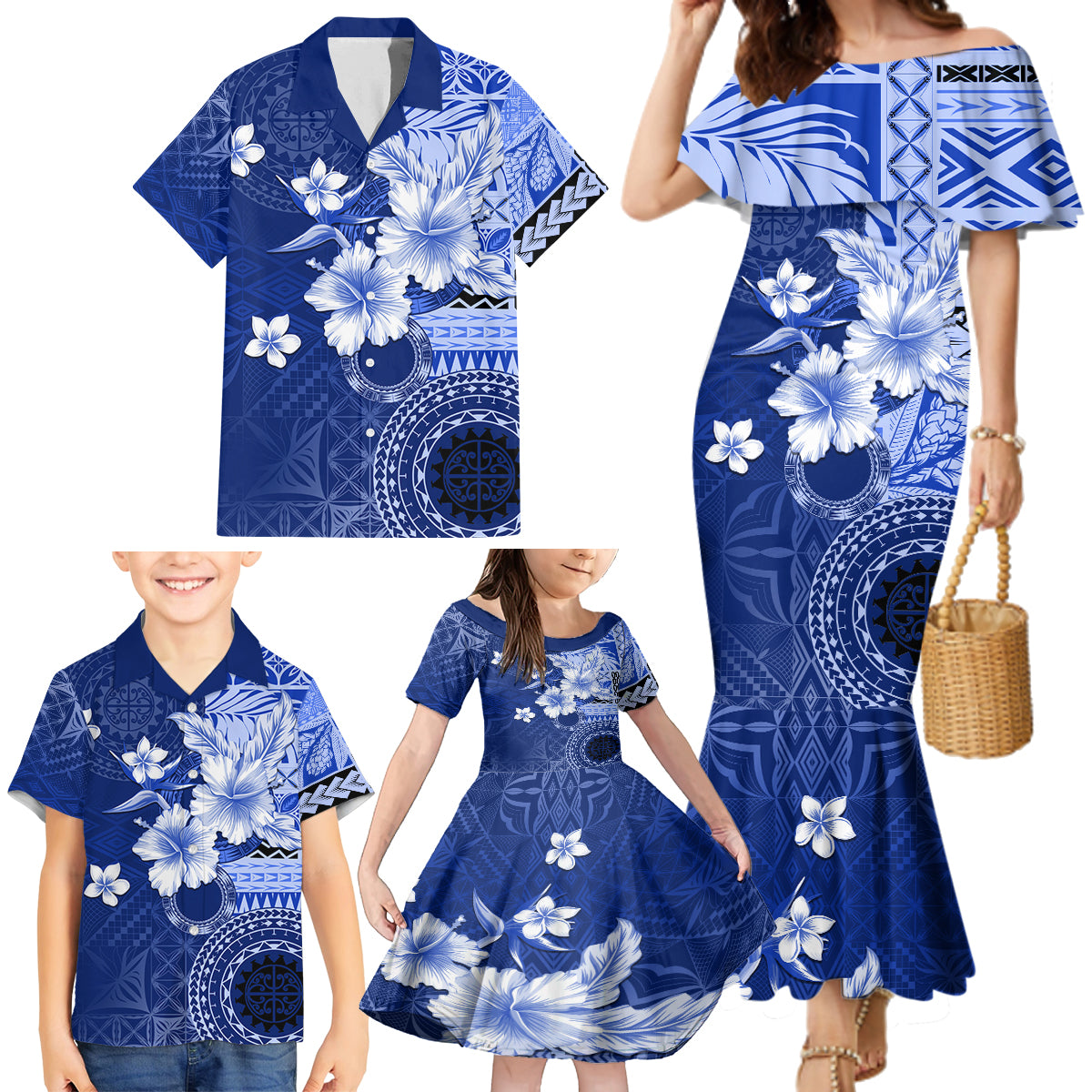 Samoa Siapo Pattern With Navy Hibiscus Family Matching Mermaid Dress and Hawaiian Shirt LT05 - Polynesian Pride