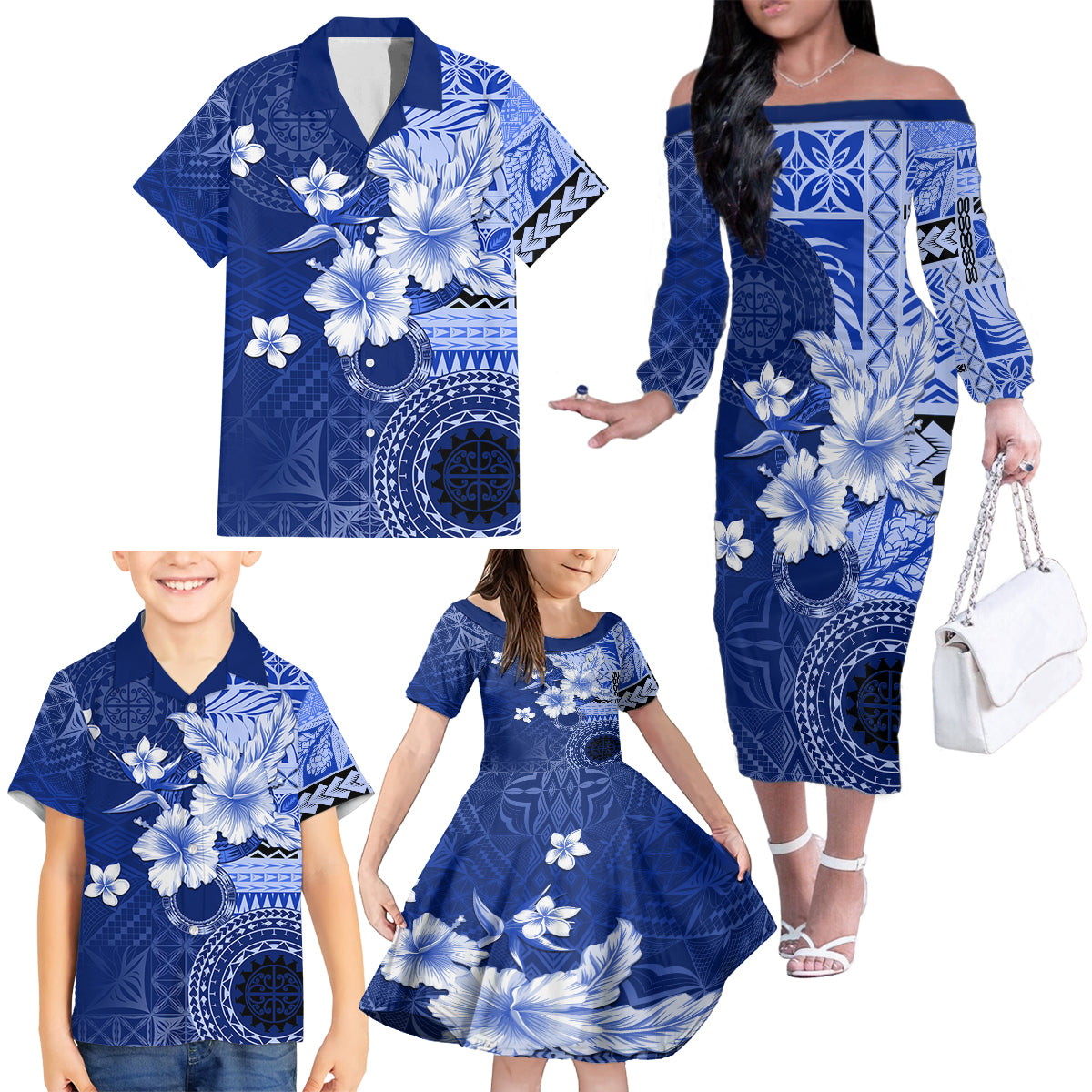 Samoa Siapo Pattern With Navy Hibiscus Family Matching Off Shoulder Long Sleeve Dress and Hawaiian Shirt LT05 - Polynesian Pride