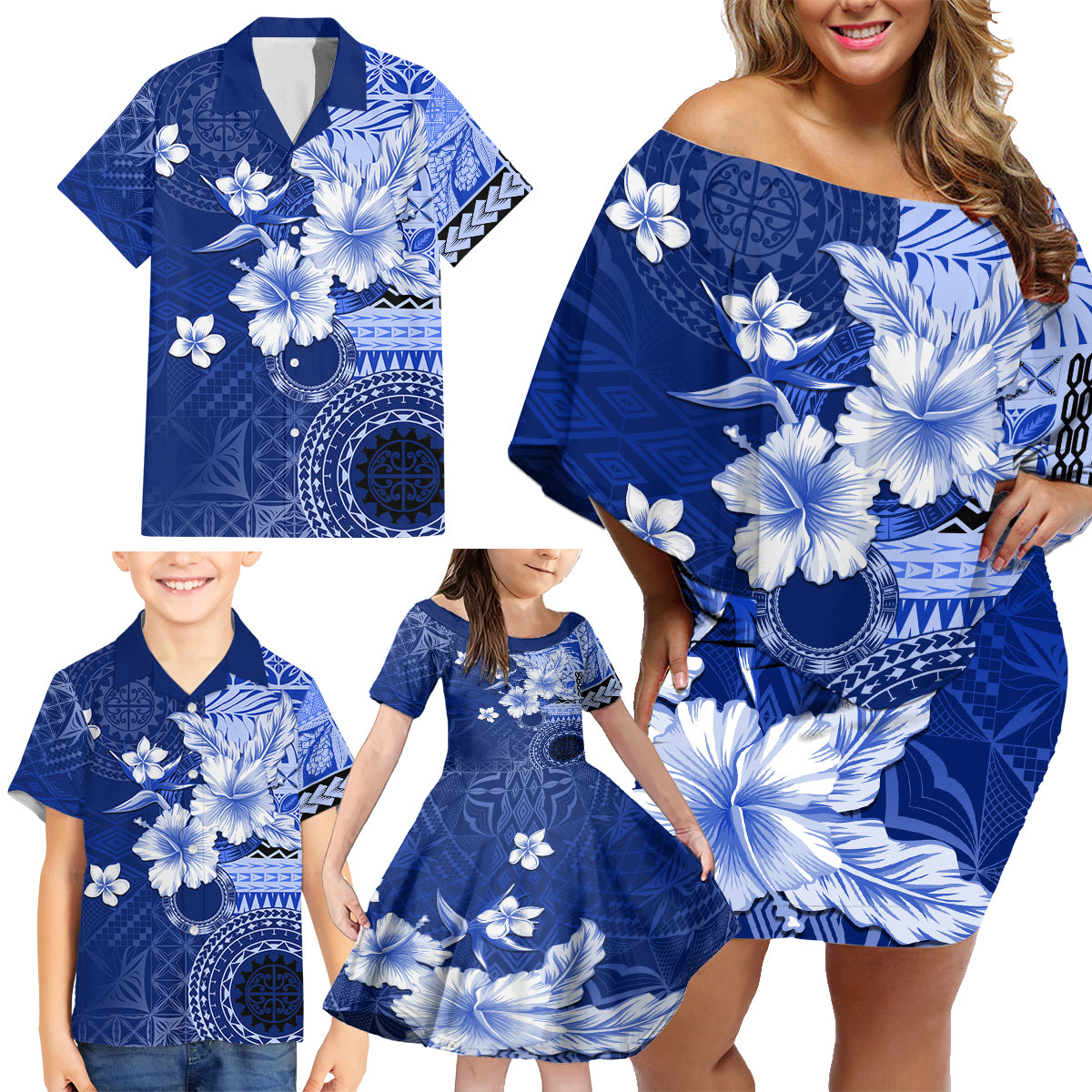 Samoa Siapo Pattern With Navy Hibiscus Family Matching Off Shoulder Short Dress and Hawaiian Shirt LT05 - Polynesian Pride