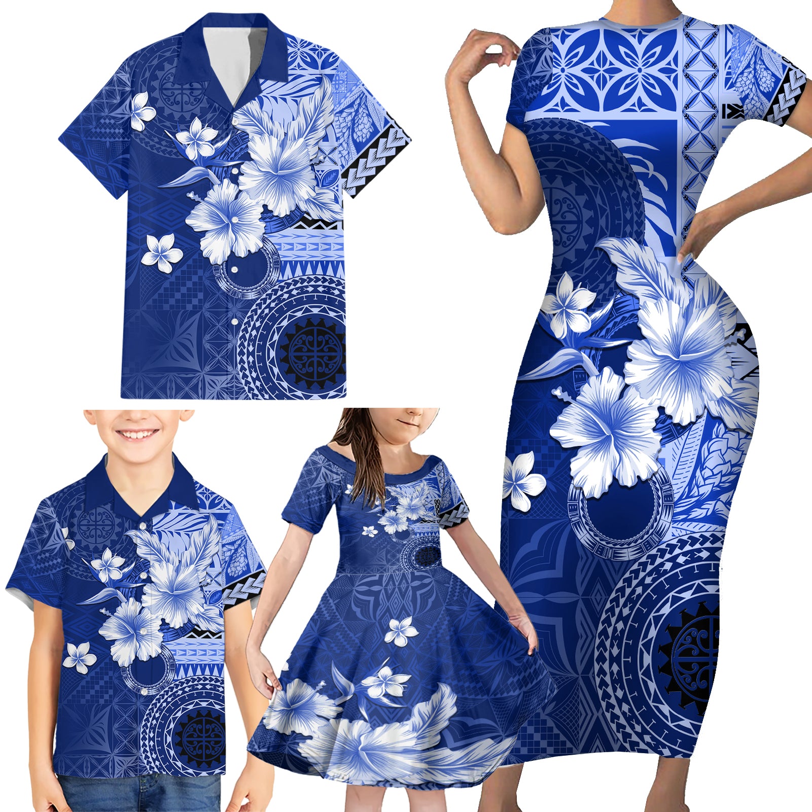 Samoa Siapo Pattern With Navy Hibiscus Family Matching Short Sleeve Bodycon Dress and Hawaiian Shirt LT05 - Polynesian Pride