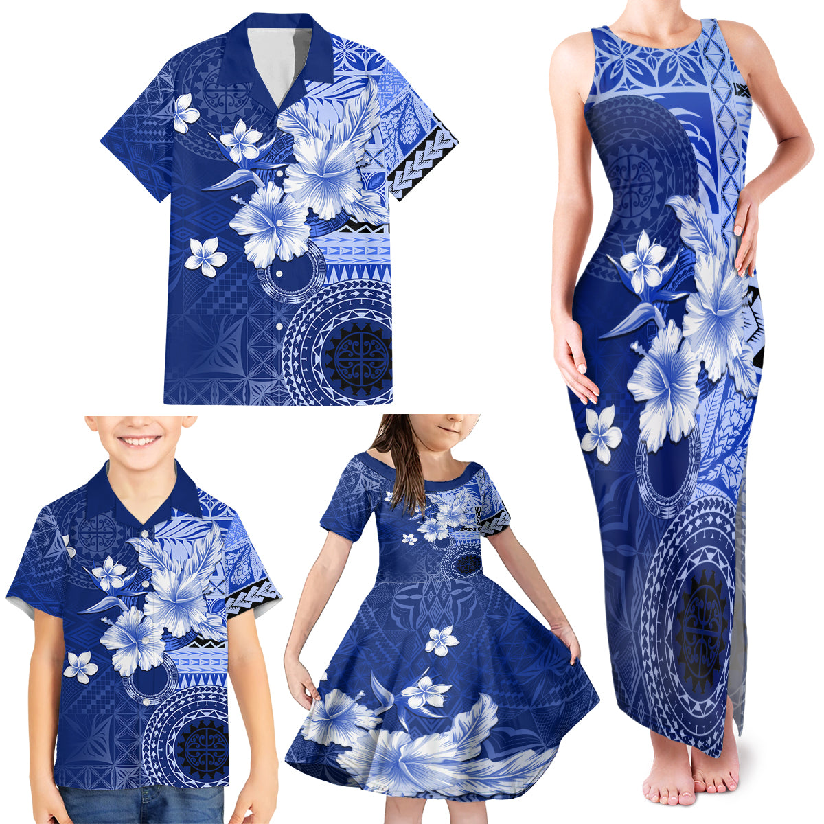 Samoa Siapo Pattern With Navy Hibiscus Family Matching Tank Maxi Dress and Hawaiian Shirt LT05 - Polynesian Pride