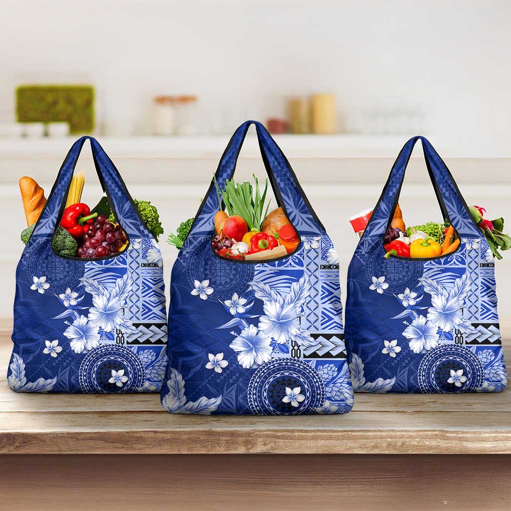 Samoa Siapo Pattern With Navy Hibiscus Grocery Bag LT05 3-pack One Size Navy - Polynesian Pride