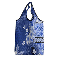 Samoa Siapo Pattern With Navy Hibiscus Grocery Bag LT05 - Polynesian Pride