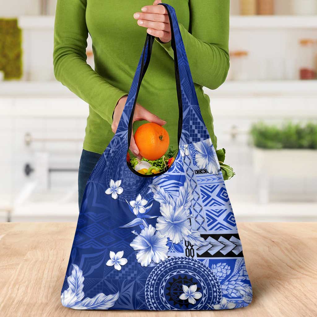 Samoa Siapo Pattern With Navy Hibiscus Grocery Bag LT05 - Polynesian Pride