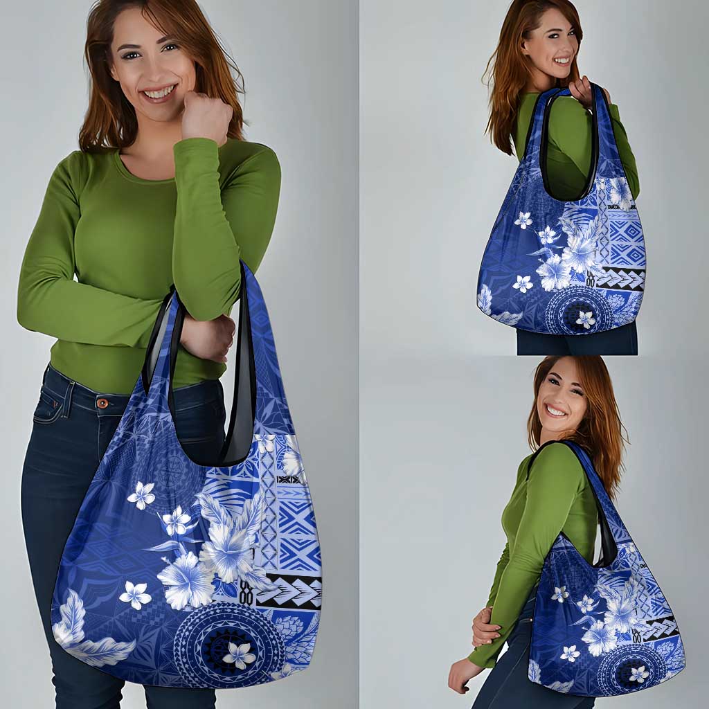 Samoa Siapo Pattern With Navy Hibiscus Grocery Bag LT05 - Polynesian Pride