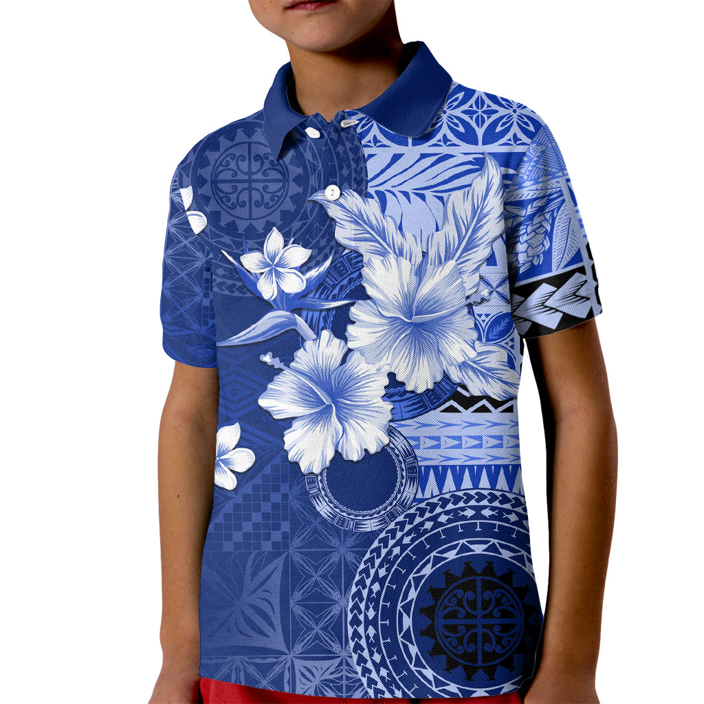 Samoa Siapo Pattern With Navy Hibiscus Kid Polo Shirt LT05 Kid Navy - Polynesian Pride