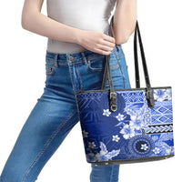 Samoa Siapo Pattern With Navy Hibiscus Leather Tote Bag