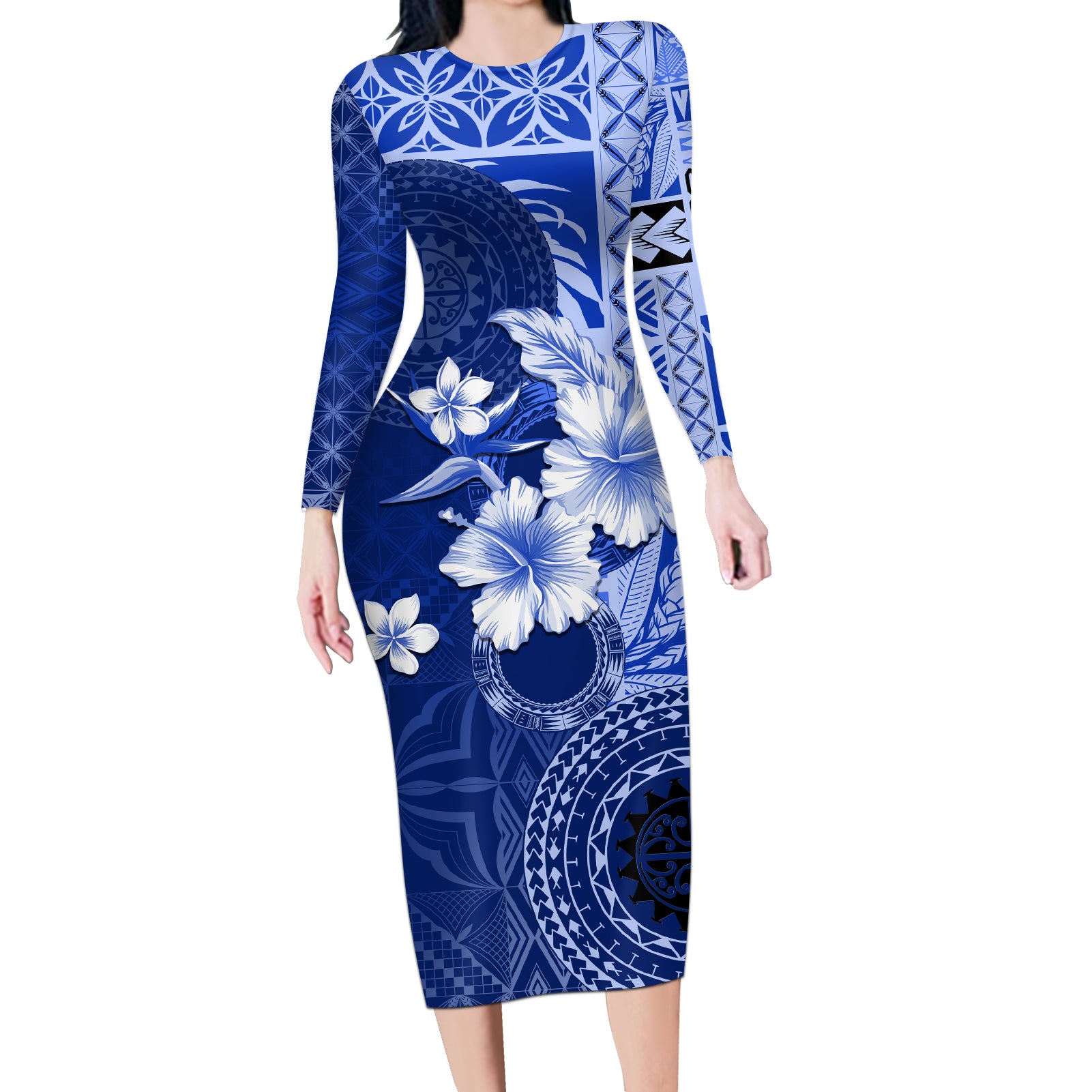 Samoa Siapo Pattern With Navy Hibiscus Long Sleeve Bodycon Dress LT05 Long Dress Navy - Polynesian Pride