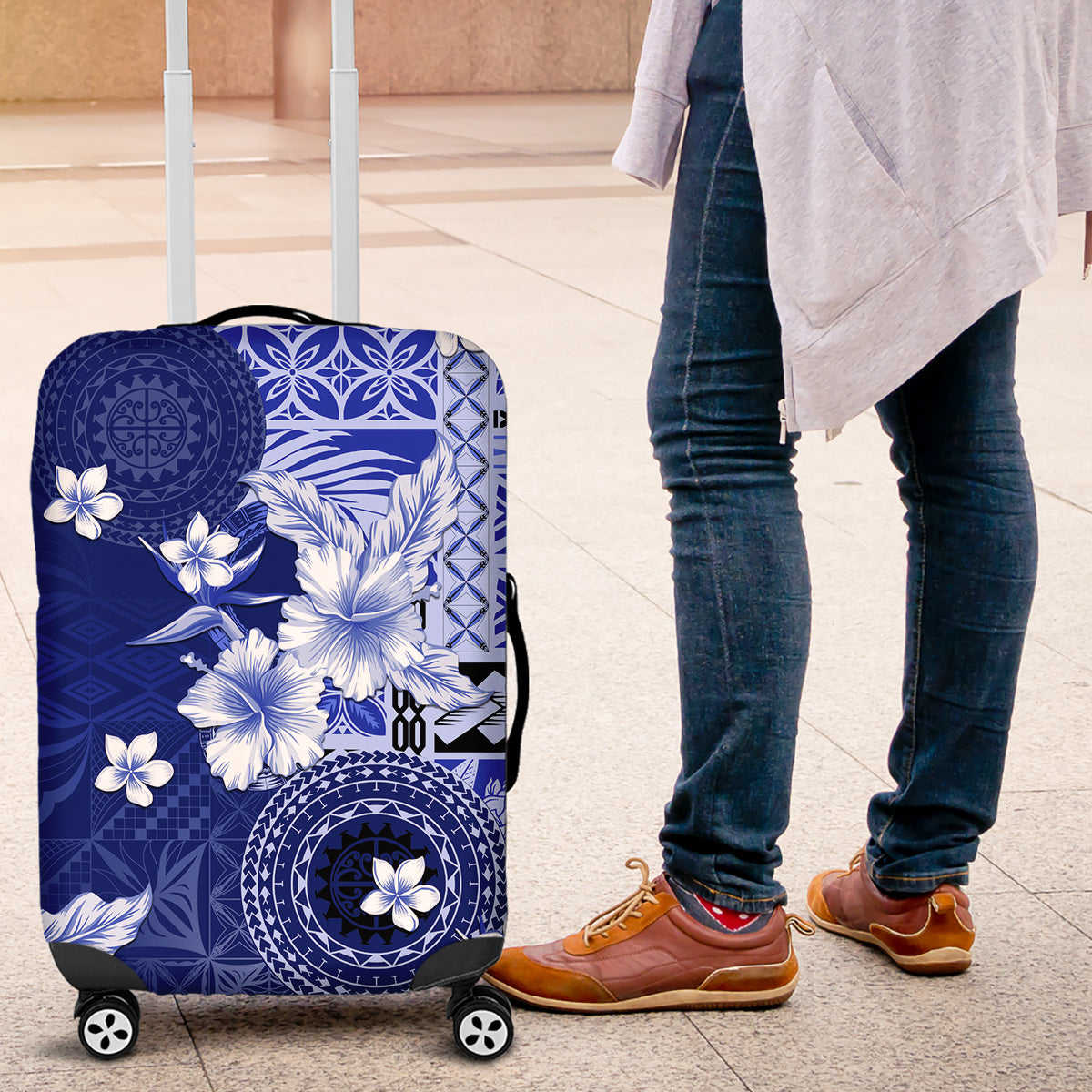 Samoa Siapo Pattern With Navy Hibiscus Luggage Cover