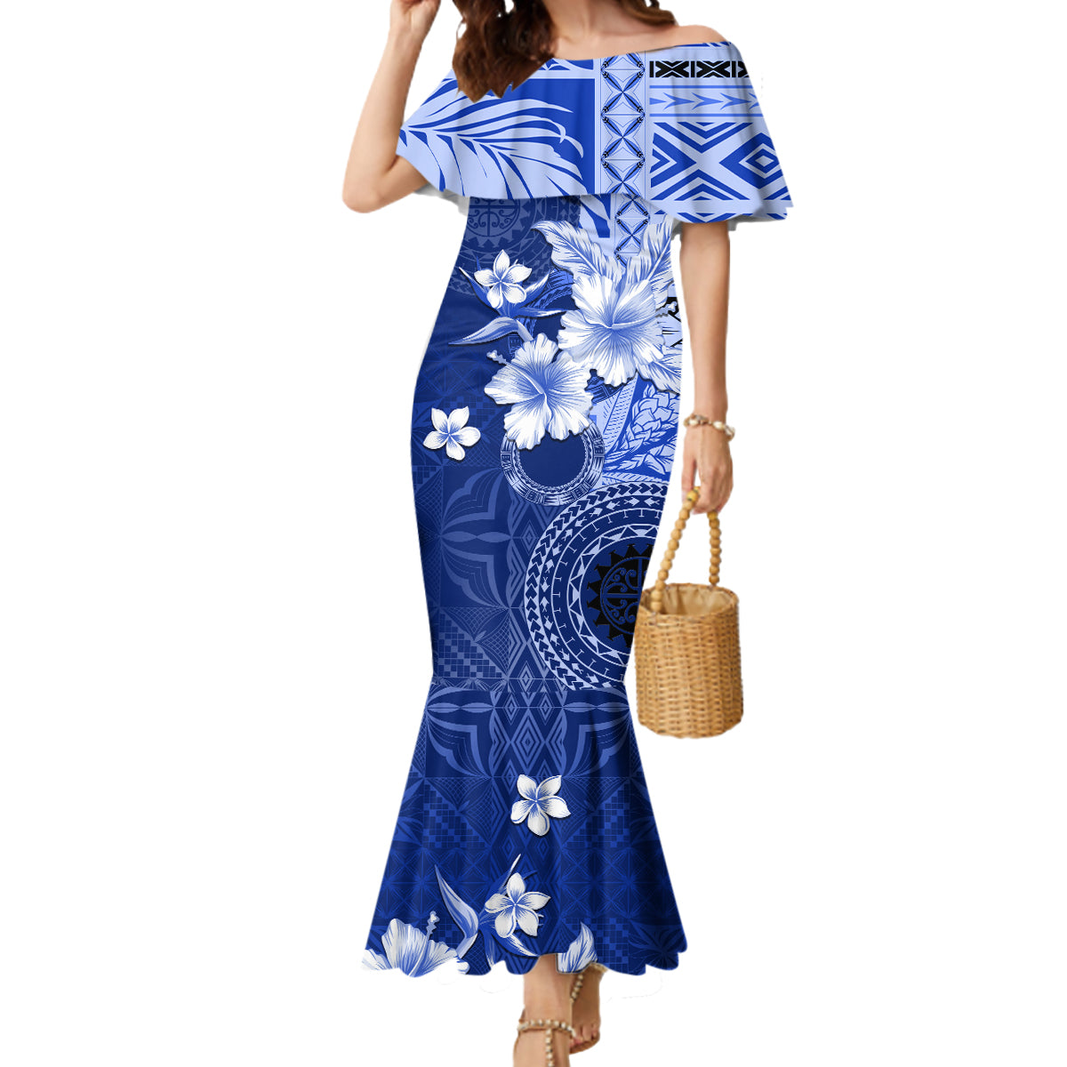 Samoa Siapo Pattern With Navy Hibiscus Mermaid Dress LT05 Women Navy - Polynesian Pride