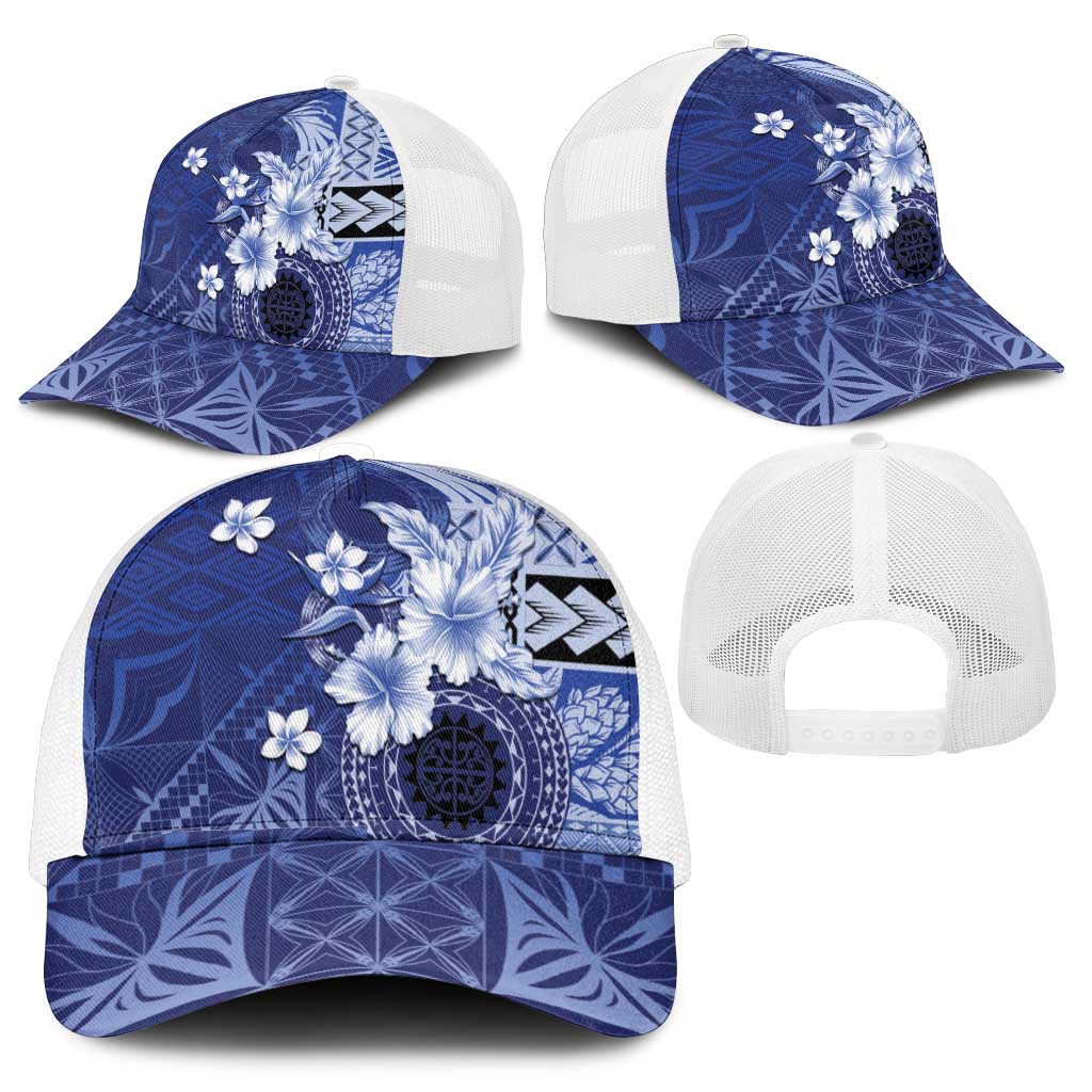Samoa Siapo Pattern With Navy Hibiscus Mesh Trucker Cap - Polynesian Pride