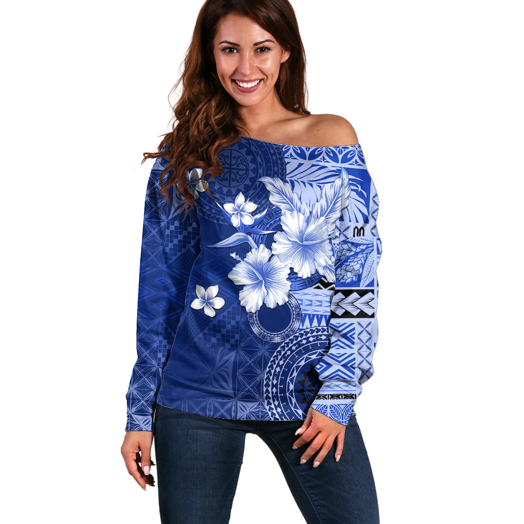 Samoa Siapo Pattern With Navy Hibiscus Off Shoulder Sweater LT05 Women Navy - Polynesian Pride