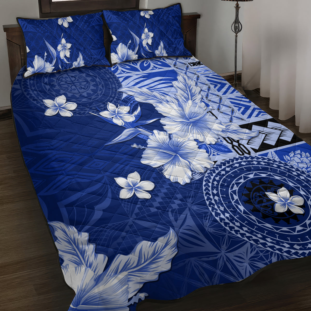 Samoa Siapo Pattern With Navy Hibiscus Quilt Bed Set