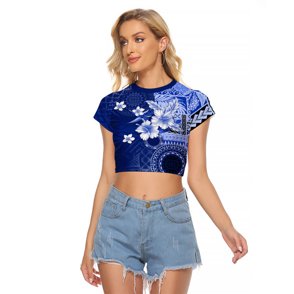 Samoa Siapo Pattern With Navy Hibiscus Raglan Cropped T Shirt LT05 Female Navy - Polynesian Pride