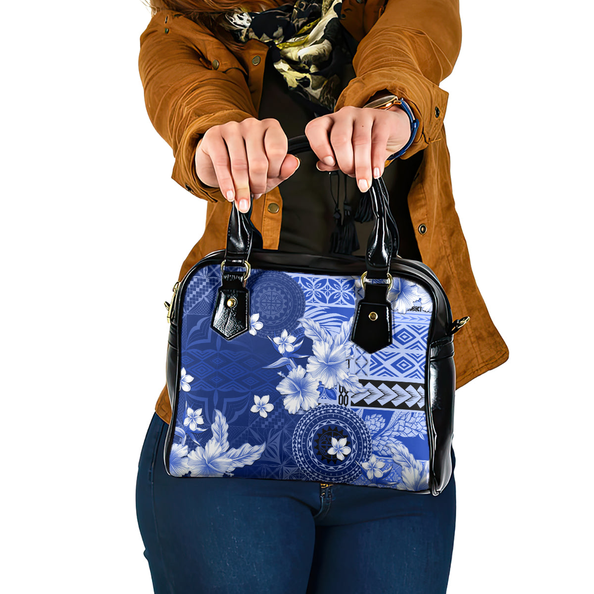 Samoa Siapo Pattern With Navy Hibiscus Shoulder Handbag