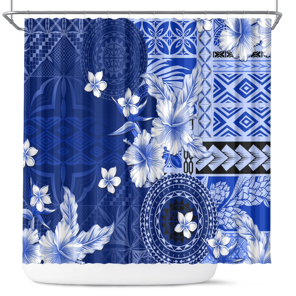 Samoa Siapo Pattern With Navy Hibiscus Shower Curtain