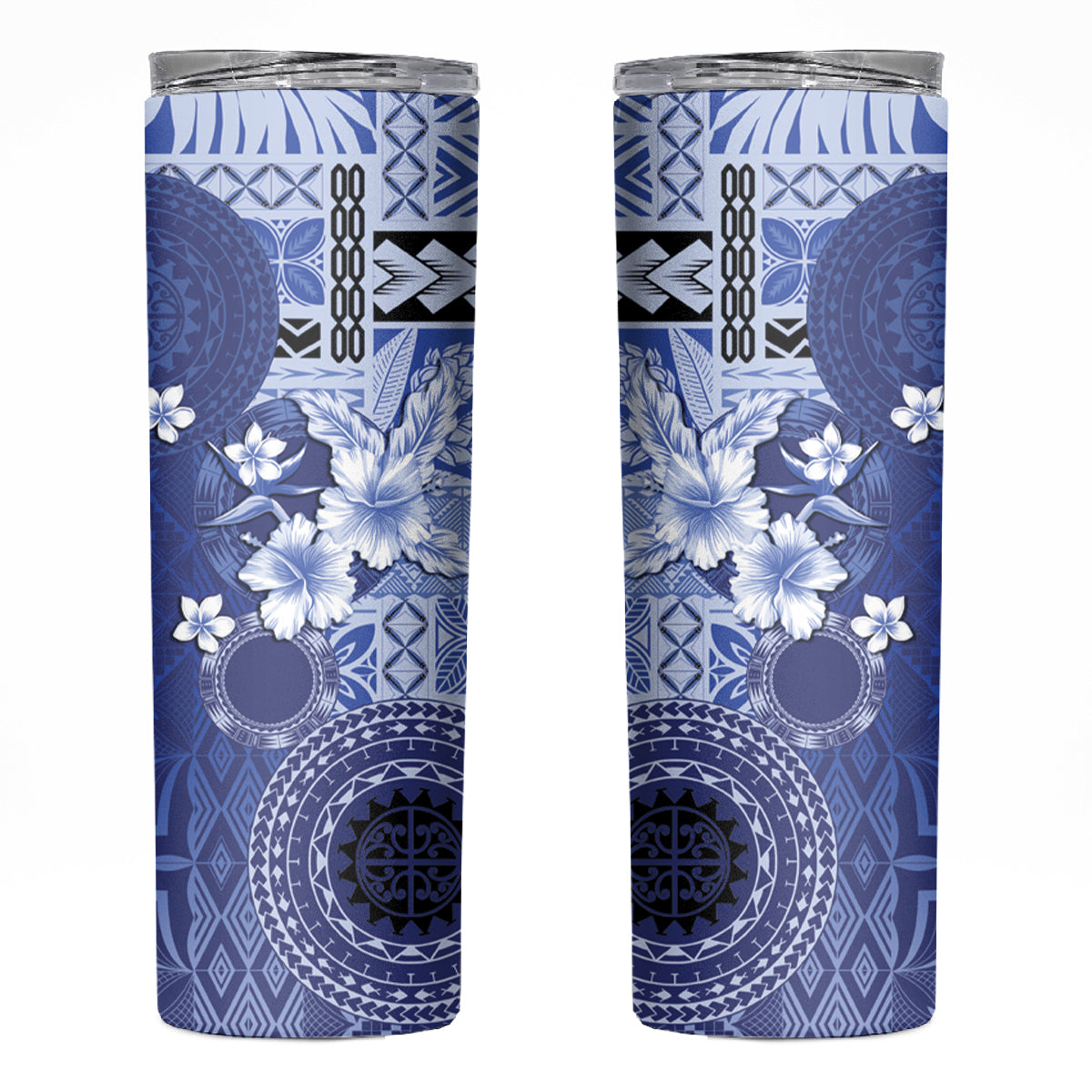 Samoa Siapo Pattern With Navy Hibiscus Skinny Tumbler