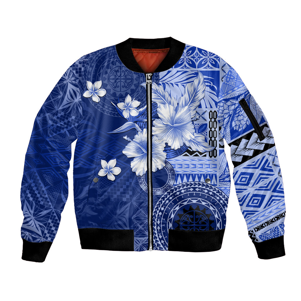 Samoa Siapo Pattern With Navy Hibiscus Sleeve Zip Bomber Jacket LT05 Unisex Navy - Polynesian Pride