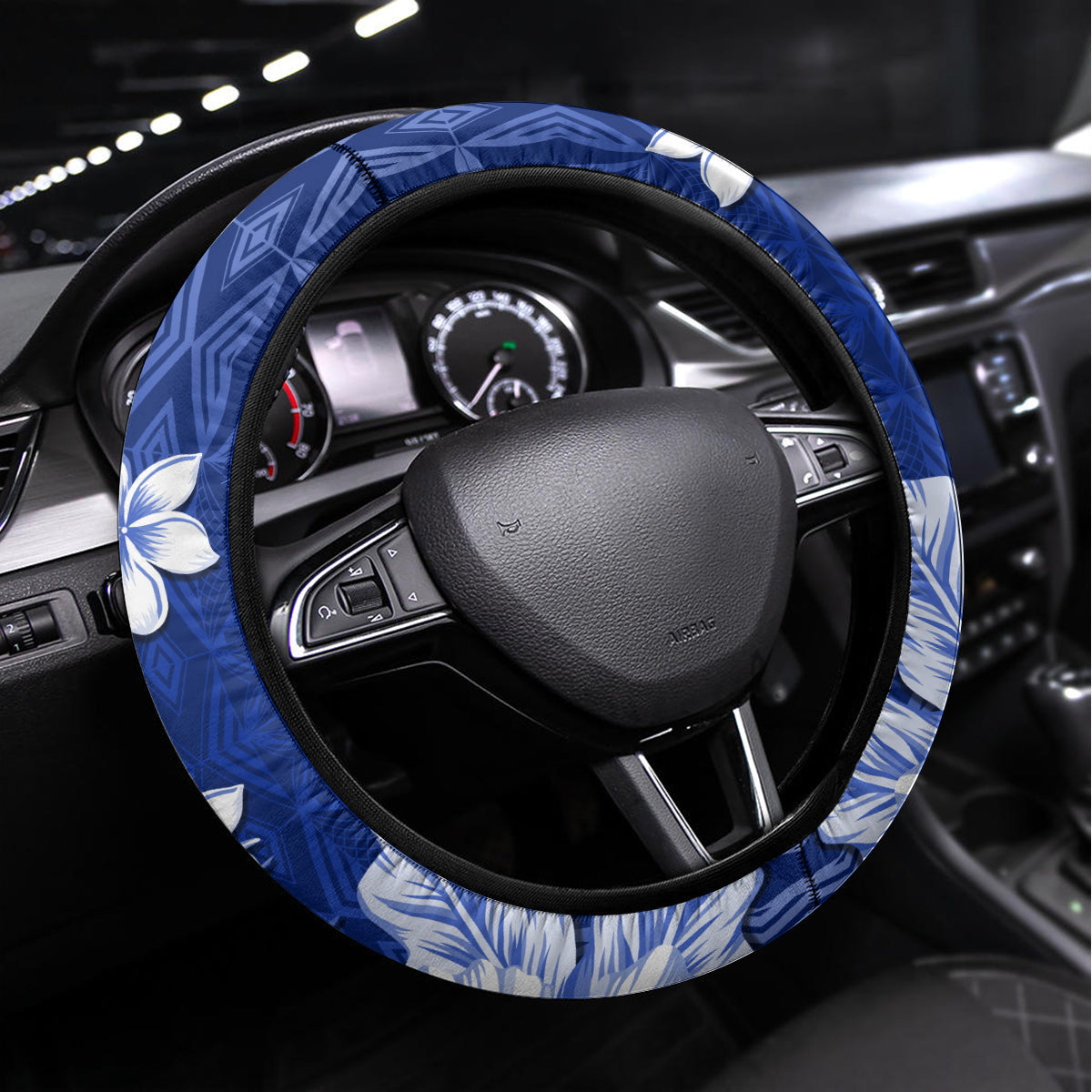 Samoa Siapo Pattern With Navy Hibiscus Steering Wheel Cover