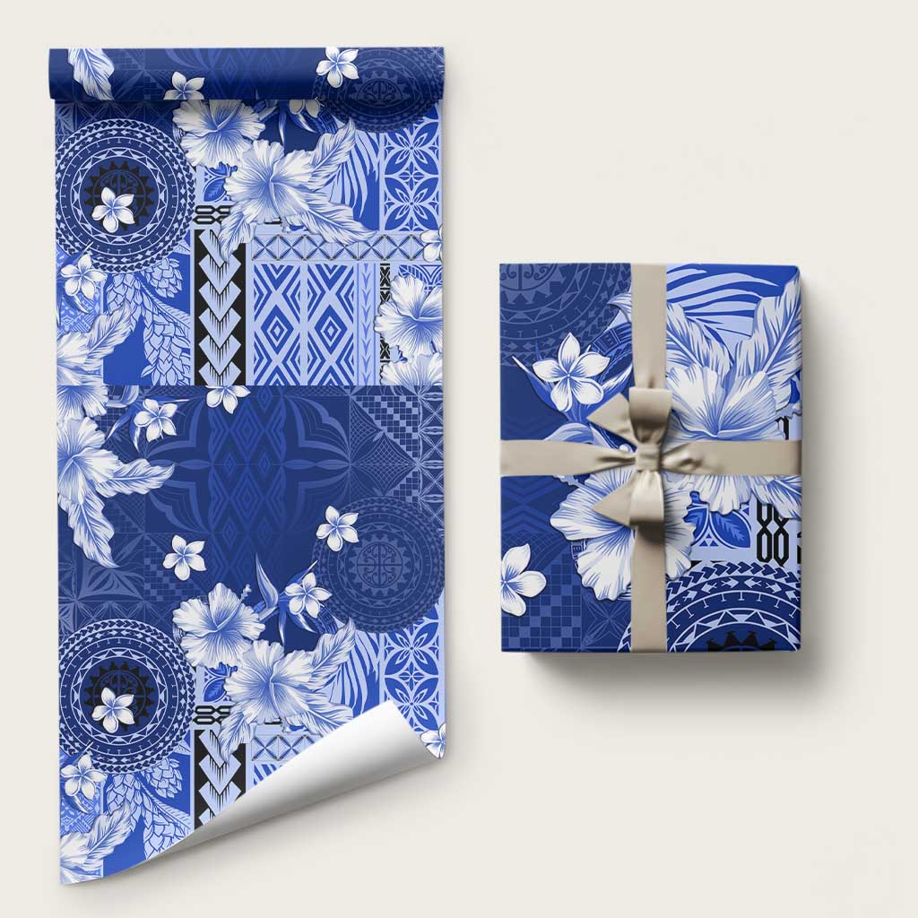 Samoa Siapo Pattern With Navy Hibiscus Wrapping Paper LT05 58" × 23" Navy - Polynesian Pride