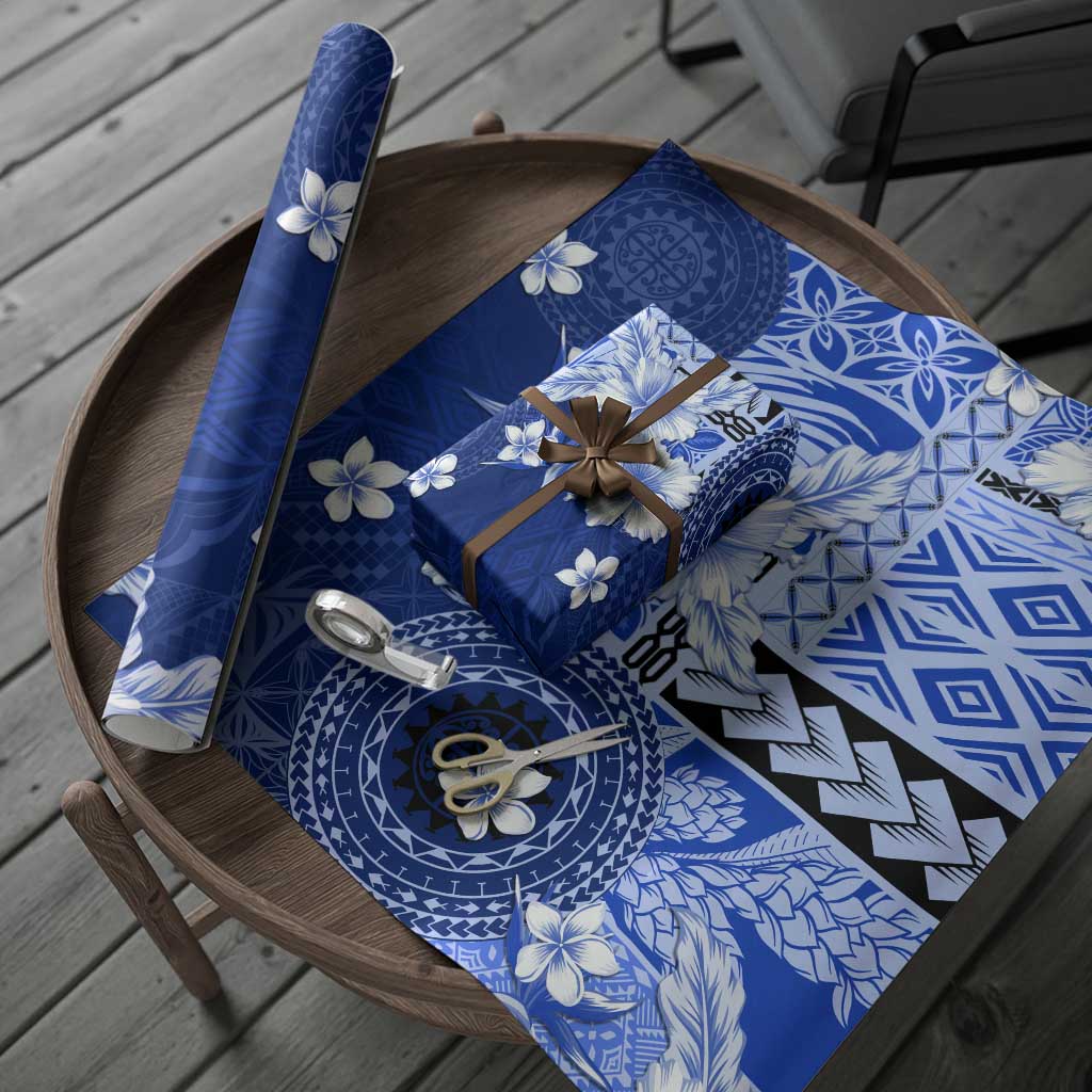 Samoa Siapo Pattern With Navy Hibiscus Wrapping Paper LT05 - Polynesian Pride