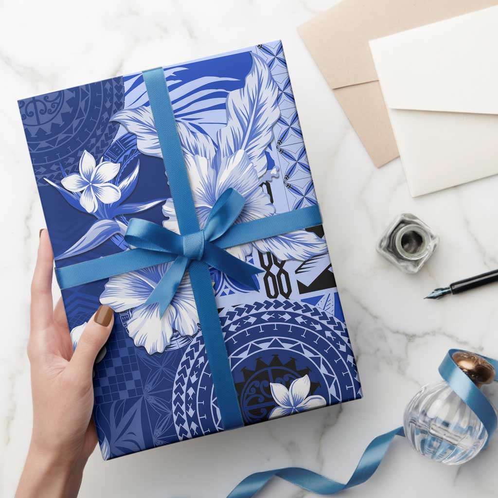 Samoa Siapo Pattern With Navy Hibiscus Wrapping Paper LT05 - Polynesian Pride