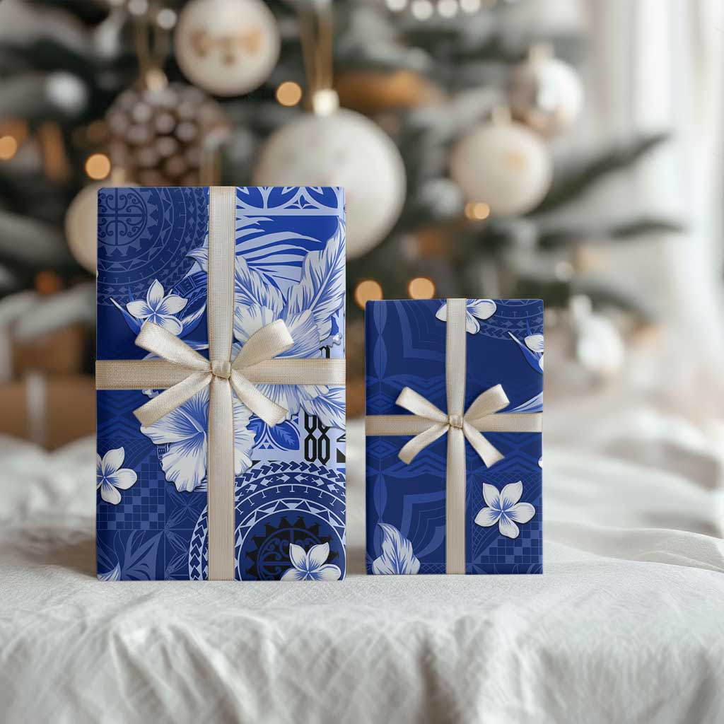 Samoa Siapo Pattern With Navy Hibiscus Wrapping Paper LT05 - Polynesian Pride