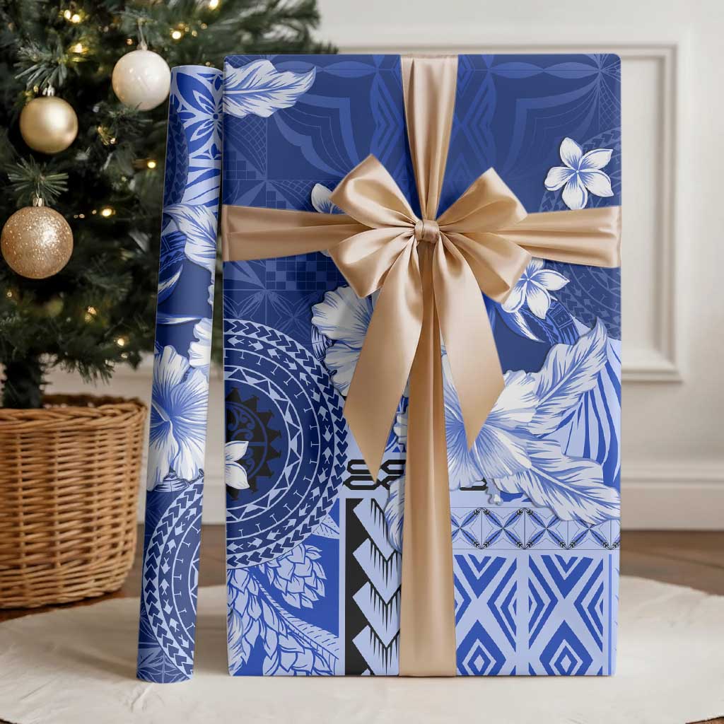 Samoa Siapo Pattern With Navy Hibiscus Wrapping Paper LT05 - Polynesian Pride