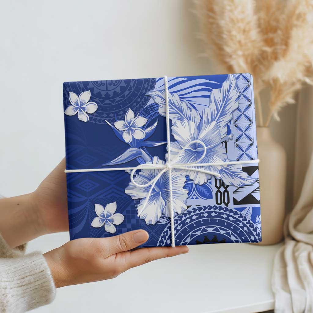 Samoa Siapo Pattern With Navy Hibiscus Wrapping Paper LT05 - Polynesian Pride