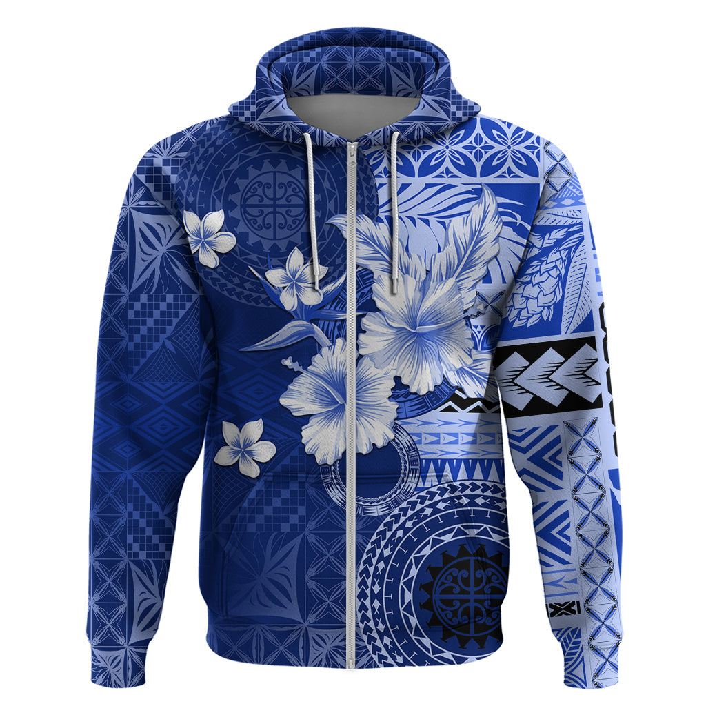 Samoa Siapo Pattern With Navy Hibiscus Zip Hoodie LT05 Zip Hoodie Navy - Polynesian Pride