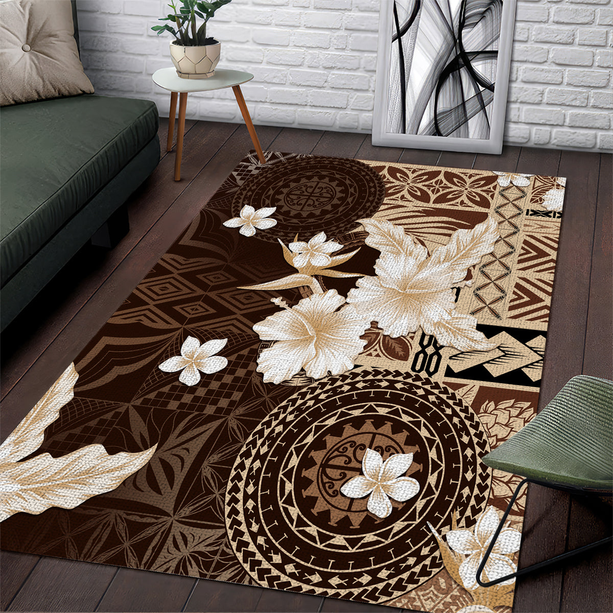 Samoa Siapo Pattern With Brown Hibiscus Area Rug