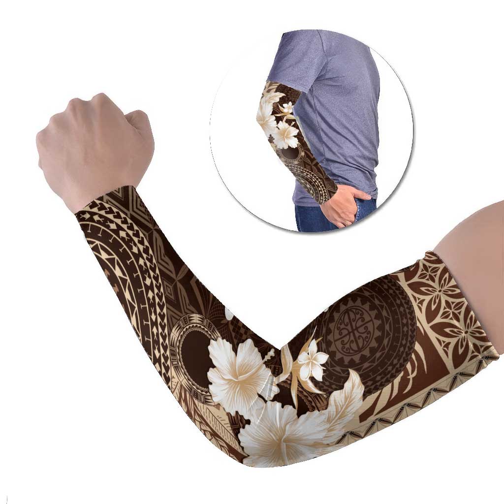 Samoa Siapo Pattern With Brown Hibiscus Arm Sleeves - Polynesian Pride