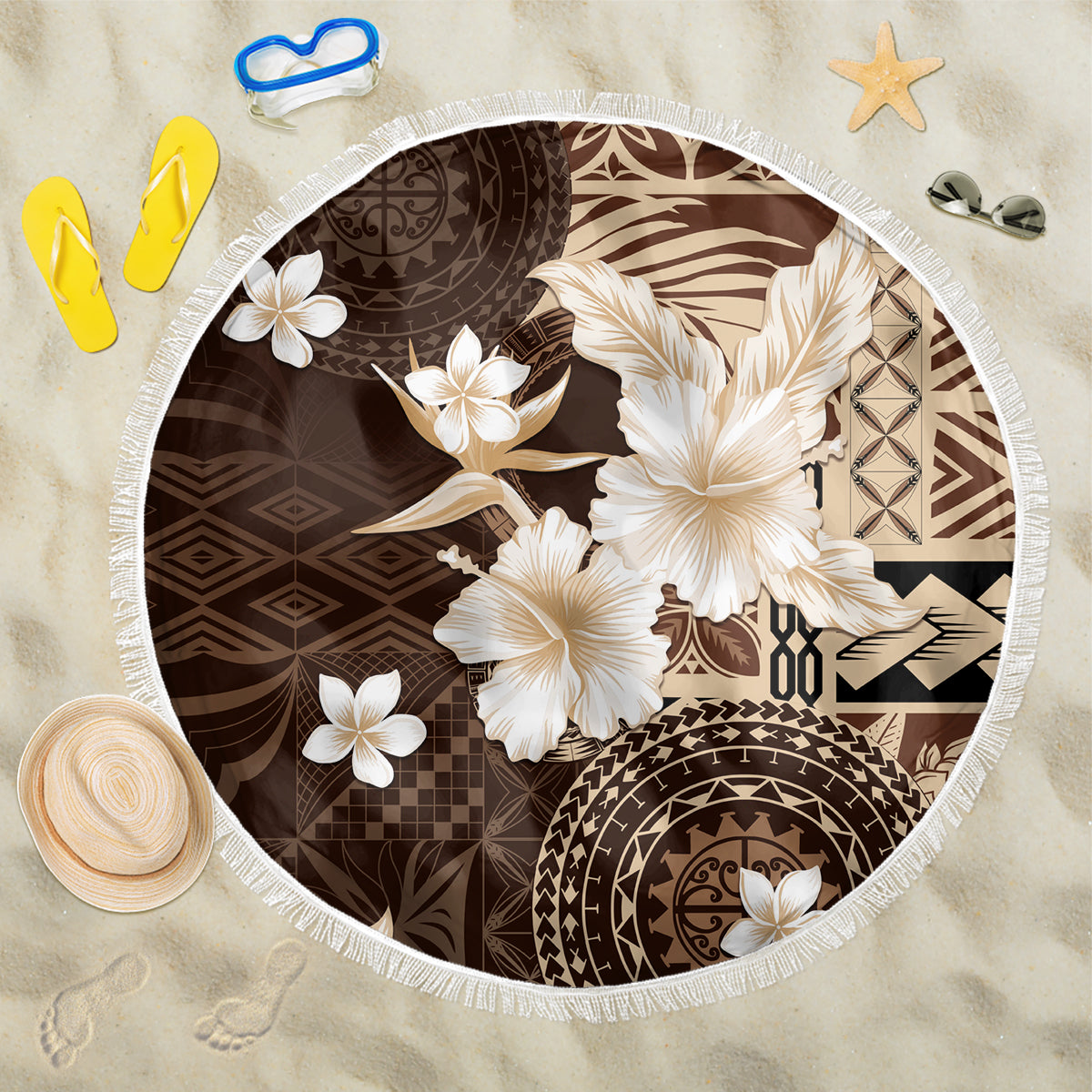 Samoa Siapo Pattern With Brown Hibiscus Beach Blanket