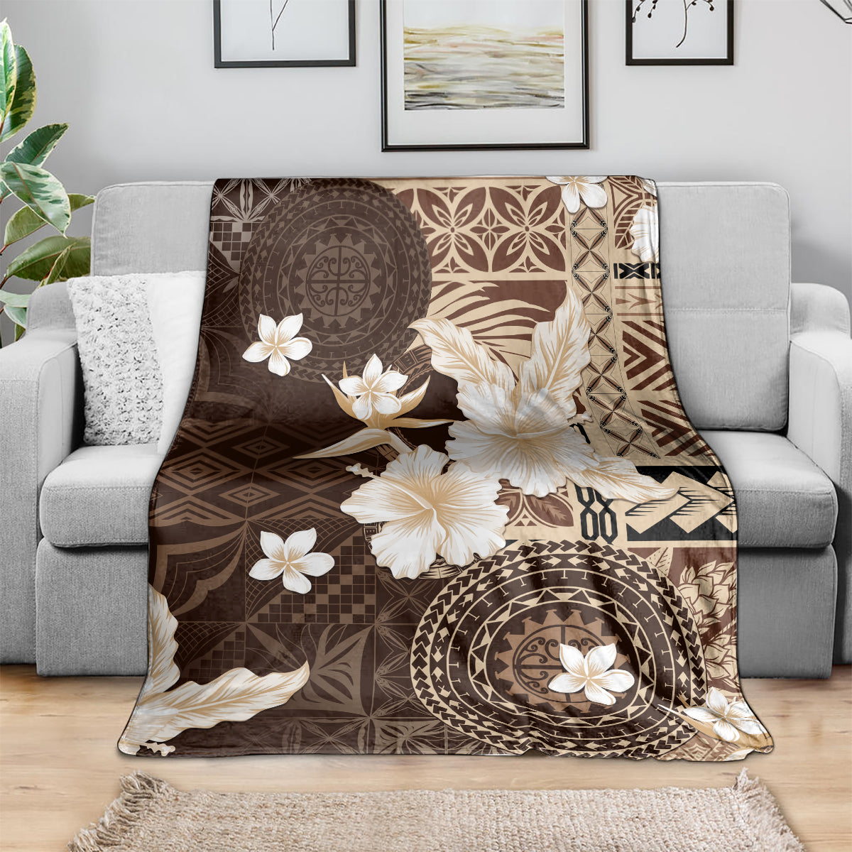 Samoa Siapo Pattern With Brown Hibiscus Blanket