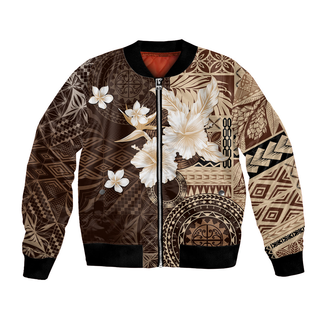 Samoa Siapo Pattern With Brown Hibiscus Bomber Jacket LT05 Unisex Brown - Polynesian Pride