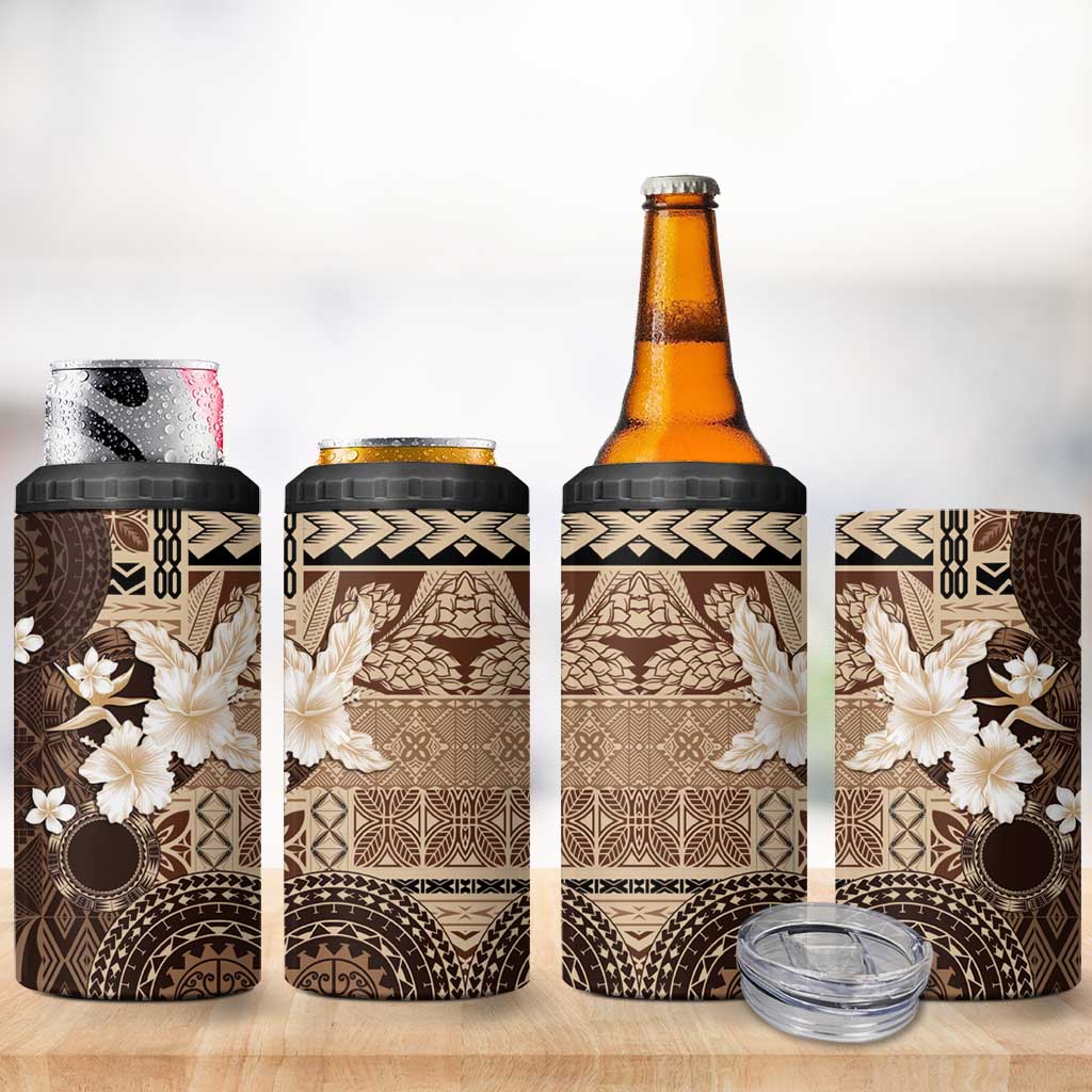 Samoa Siapo Pattern With Brown Hibiscus 4 in 1 Can Cooler Tumbler