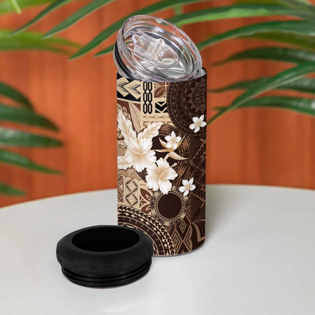 Samoa Siapo Pattern With Brown Hibiscus 4 in 1 Can Cooler Tumbler