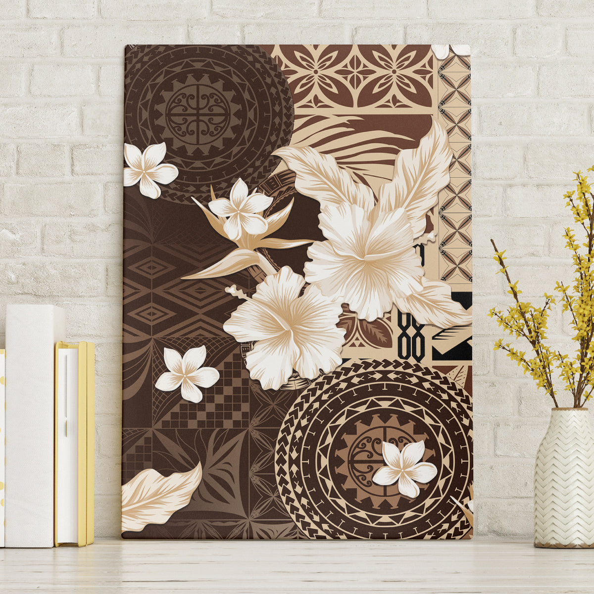 Samoa Siapo Pattern With Brown Hibiscus Canvas Wall Art